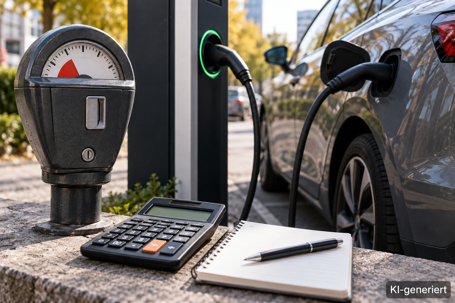 Parkuhr, Taschenrechner und Notizbuch stehen neben einem öffentlich ladenden Elektroauto